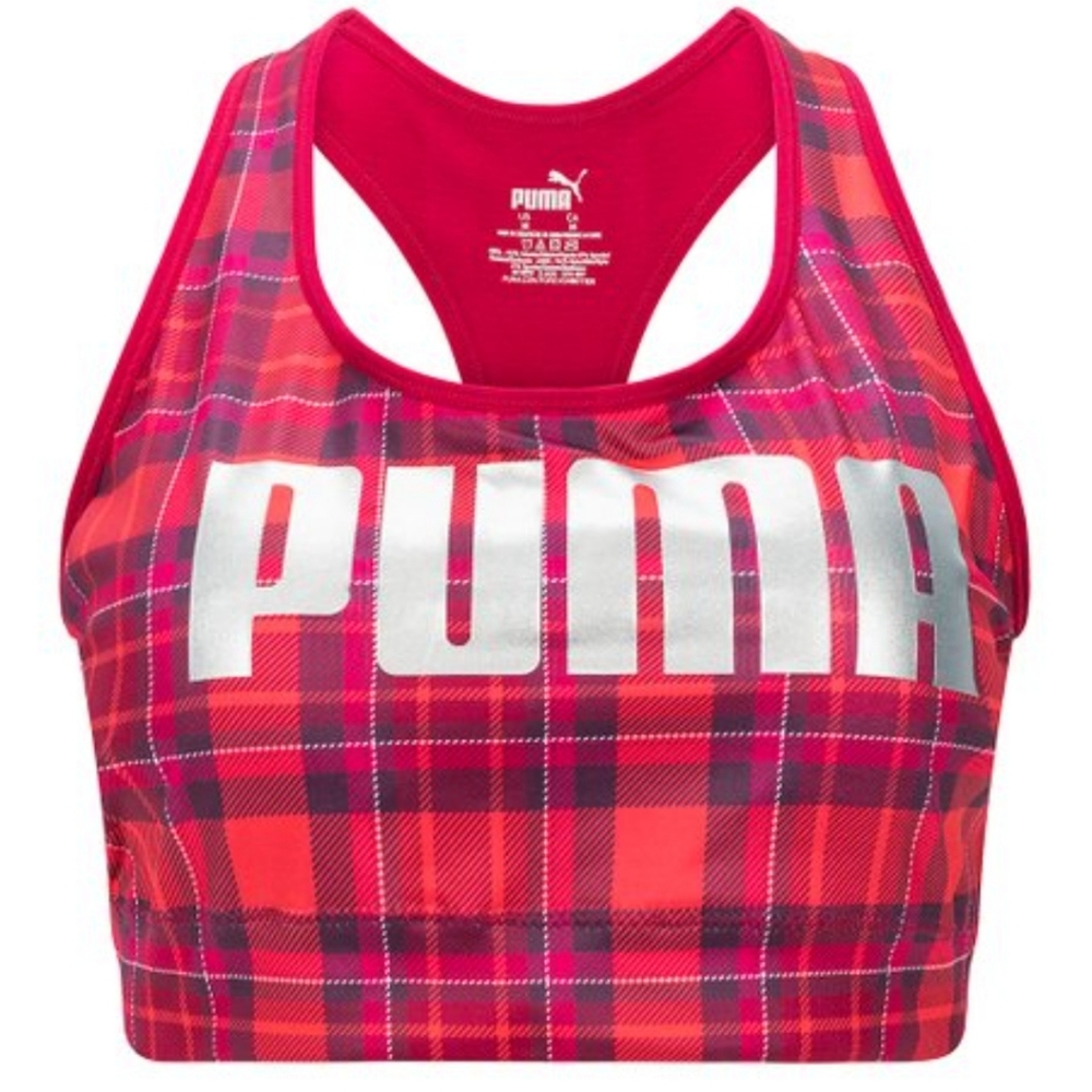 PINK/RED Plaid Logo Racerback Sports Bra - PUMA